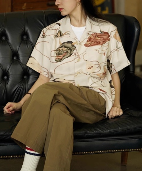 tシャツ ヴィンテージライク 和柄ジャパニーズマスクプリント オープンカラーシャツ メンズの画像