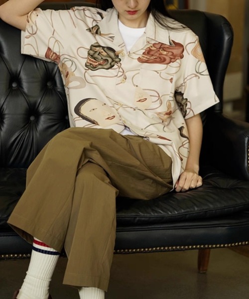 tシャツ ヴィンテージライク 和柄ジャパニーズマスクプリント オープンカラーシャツ メンズの画像