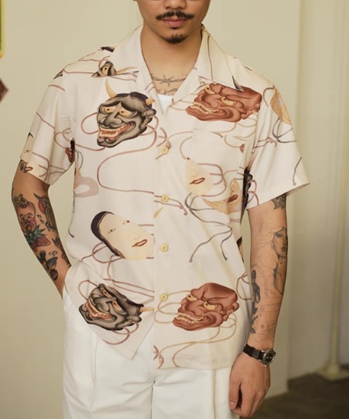 tシャツ ヴィンテージライク 和柄ジャパニーズマスクプリント オープンカラーシャツ メンズの画像