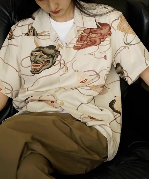 tシャツ ヴィンテージライク 和柄ジャパニーズマスクプリント オープンカラーシャツ メンズの画像