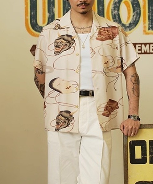 tシャツ ヴィンテージライク 和柄ジャパニーズマスクプリント オープンカラーシャツ メンズの画像