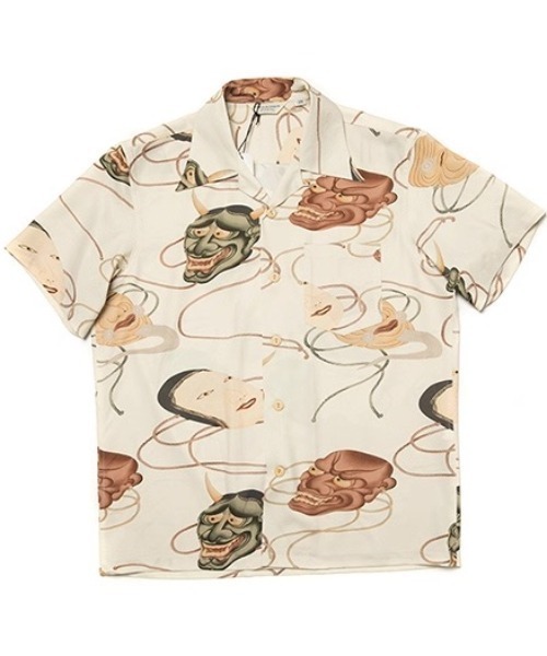 tシャツ ヴィンテージライク 和柄ジャパニーズマスクプリント オープンカラーシャツ メンズの画像