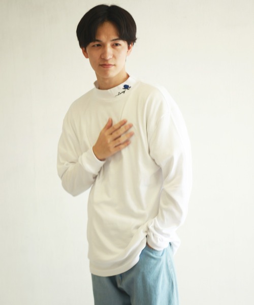 WESTSEA tシャツ ワンポイントバラ刺繍 モックネックTシャツ