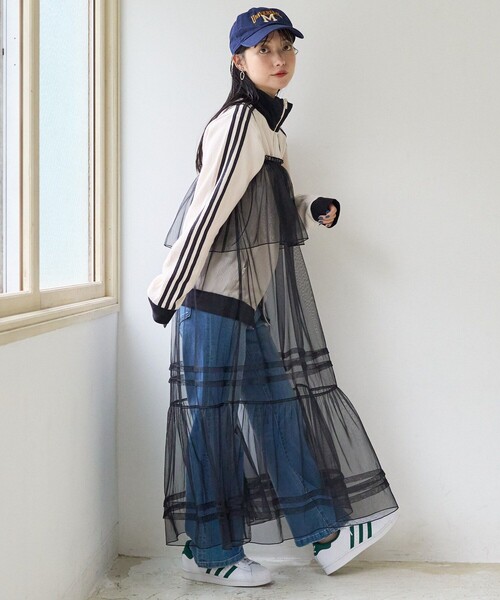 トロワドゥアン 花柄 フリル ワンピース シアー ブルー お呼ばれ ゆったり FREAK'S STORE ワンピース チュールフリルワンピース / シアー