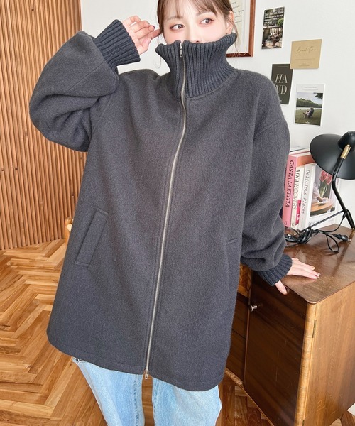 moment+ コート アウター フェイクウールモッサリブスタンドカラー