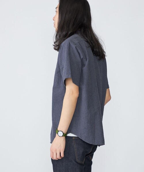 美品　SHIPS　シップス　シアサッカー生地　春夏　紺　ネイビー　M SHIPS シャツ SHIPS: シアサッカー プルオーバー バンドカラー