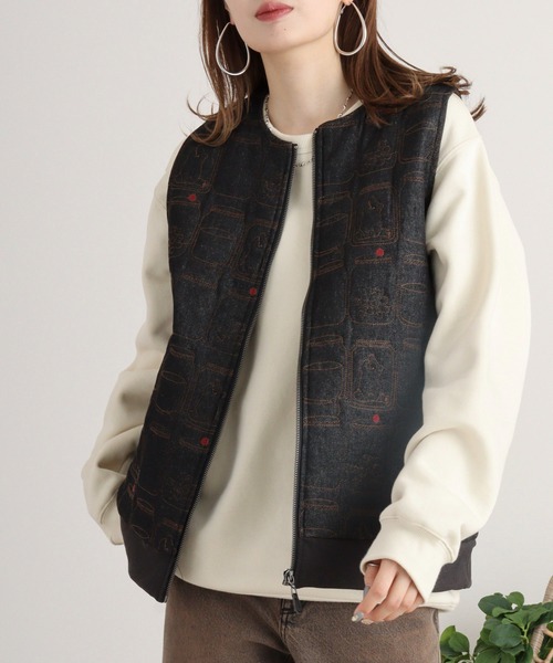 コート アウター EMAGO クマの子刺繍キルティングベスト レディース