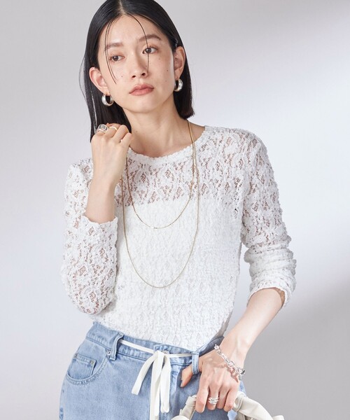 tシャツ 「手洗い可能」ラッセル レース クルーネック カットソー レディース