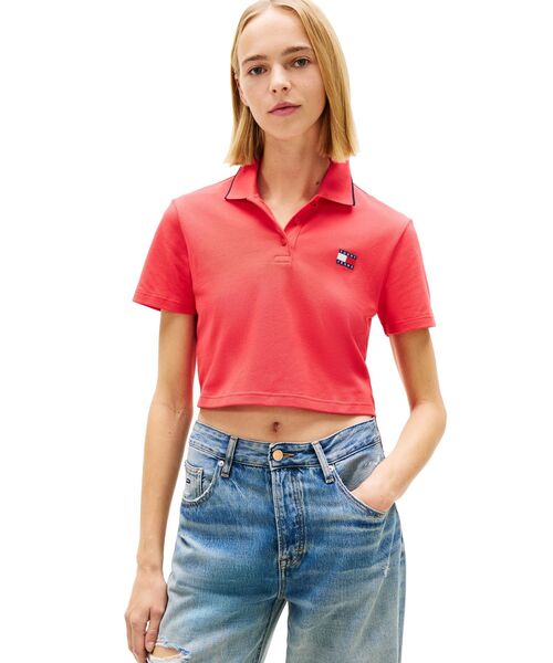 トミージーンズ　クロップド スクリプト サマーニット　襟付き半袖ポロシャツ TOMMY JEANS（トミー・ジーンズ） ポロシャツ ポロ クロップドバッジ