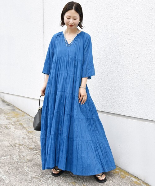 【Fanaka】〈手洗い可能〉クリンクル 袖 フレア ロング ワンピース SHIPS｜<手洗い可能>Fanaka:ポプリン ティアード ロング