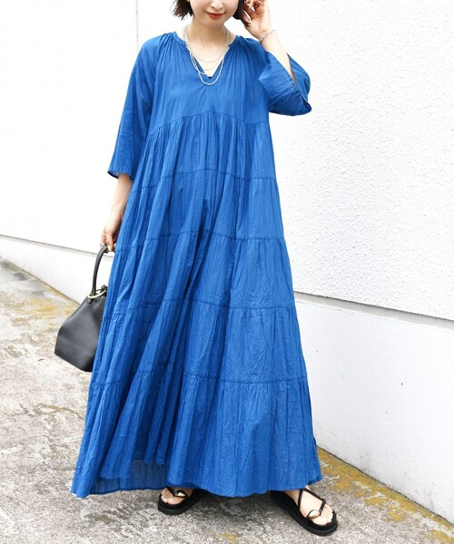 【Fanaka】〈手洗い可能〉クリンクル 袖 フレア ロング ワンピース SHIPS｜<手洗い可能>Fanaka:クリンクル 袖 フレア ロング