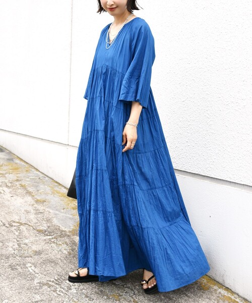 【Fanaka】〈手洗い可能〉クリンクル 袖 フレア ロング ワンピース SHIPS｜<手洗い可能>Fanaka:ポプリン ティアード ロング
