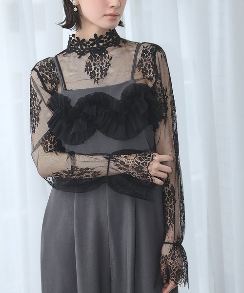 LOWO tシャツ シースルートップス 長袖 ハイネック チュール レース