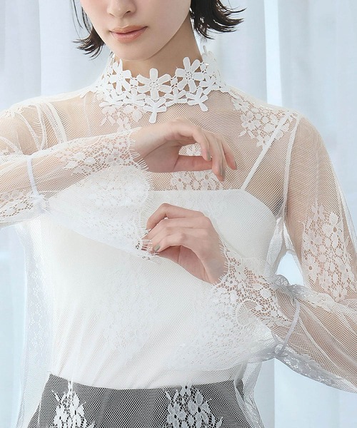 LOWO tシャツ シースルートップス 長袖 ハイネック チュール レース