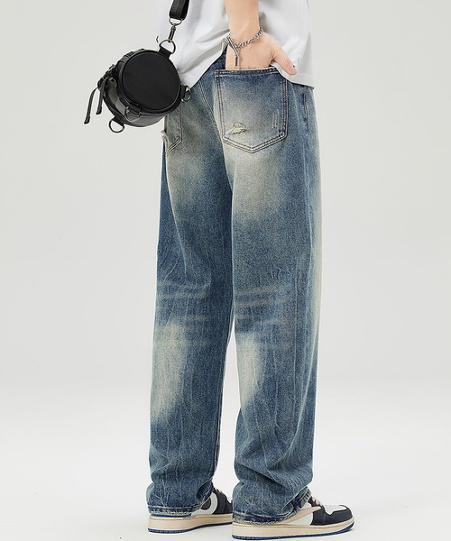 LOWO ジーンズ ウォッシュド加工ストレートデニムパンツ メンズ
