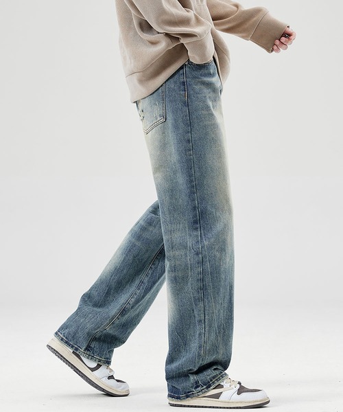 ウォッシュド デニムパンツ ソフトタッチデニム 影残しワイドパンツ ケミカルウォッシュ