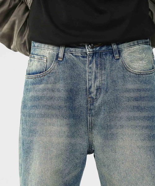ジーンズ メンズ ウオッシュド 加工穴 ドレープ ストレート LOWO ジーンズ ウォッシュド加工ストレートデニムパンツ メンズ