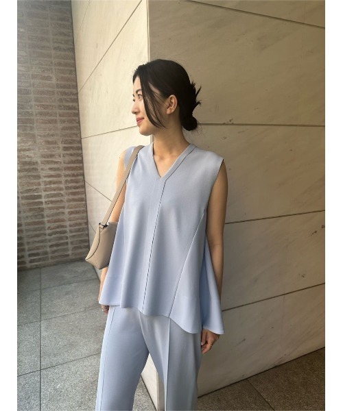 タンクトップ ノースリーブ ESTNATION / ジョーゼットコンビ Vネックニット「EXCLUSIVE」 レディース ESTNATION タンクトップ ノースリーブ / ジョーゼットコンビ V