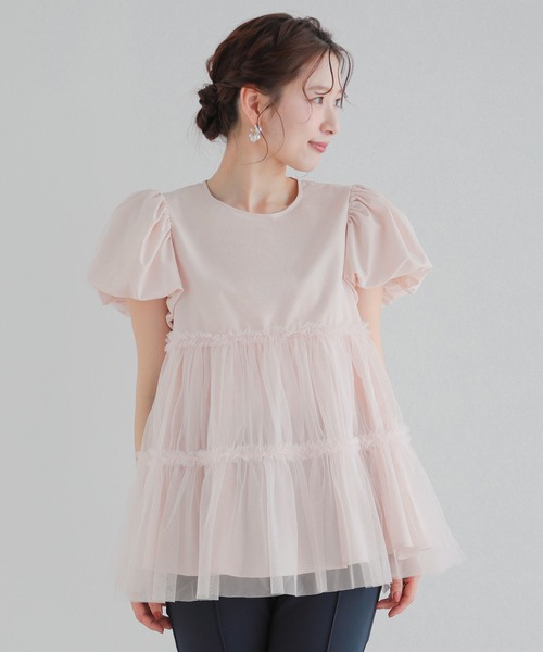 Fit more チュールレイヤードパフスリーブトップス レディース