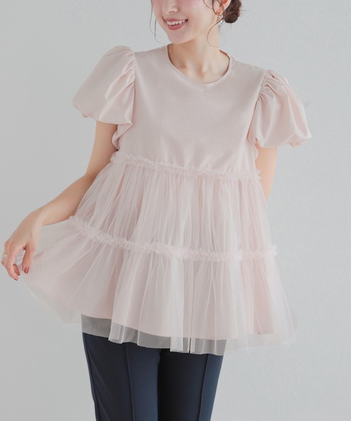 パフスリーブ フリル チュニック ピンク　fit more フィットモア Fit more（フィットモア） チュールレイヤードパフスリーブトップス