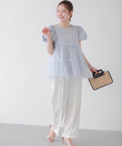 Fit more チュールレイヤードパフスリーブトップス レディース