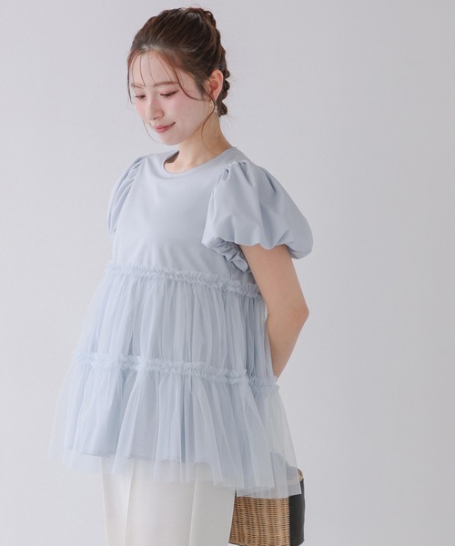 Fit more（フィットモア） チュールレイヤードパフスリーブトップス
