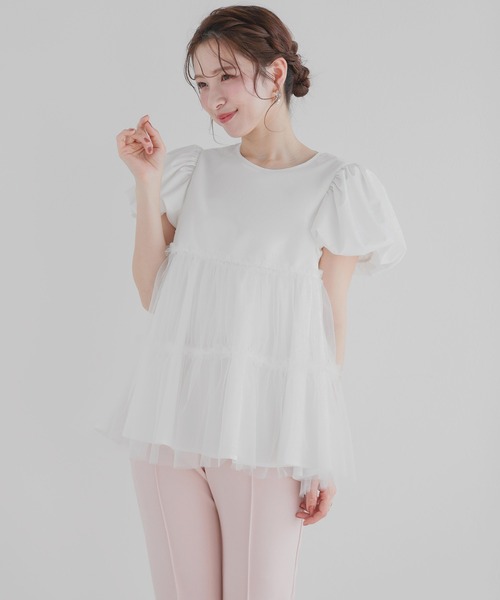 fitmore チュールレイヤードパフスリーブトップス　ベビーピンク Fit more チュールレイヤードパフスリーブトップス レディース