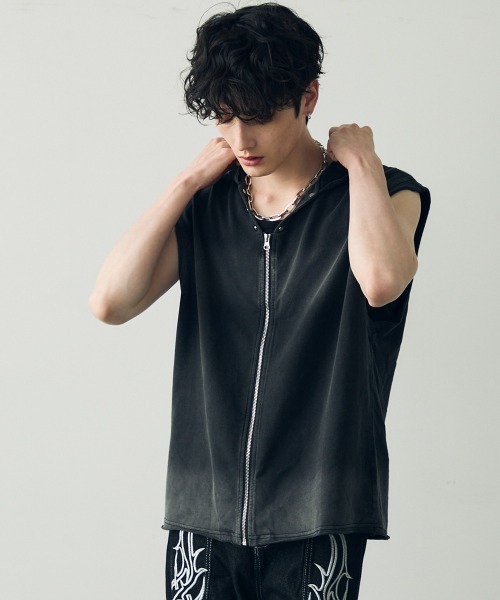 Shoowtime パーカー Pigment dye sleeveless zip hoodie