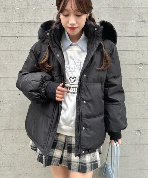 美品✨ボリュームファーフェイクダウンジャケット ブラック Loueme ダウンコート ダウンジャケット ボリュームフェイクファー