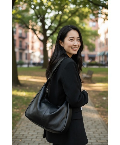 chiiiibag ブラック レザー ショルダーバッグ Sakka ショルダーバッグ バッグ PUレザー ステッチショルダーバッグ