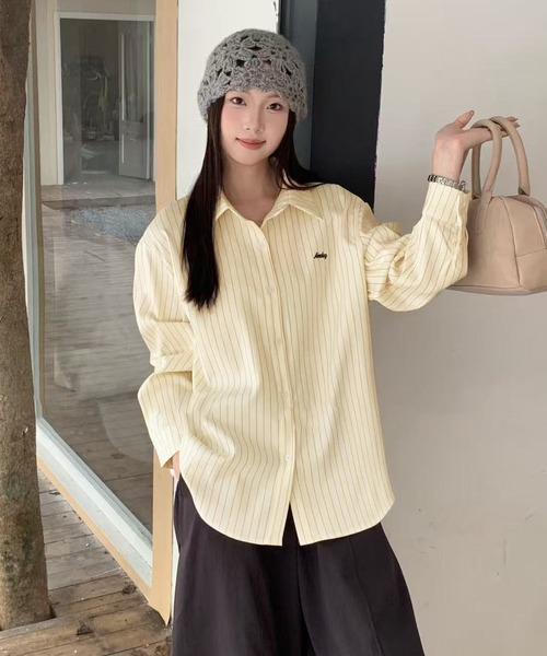 Chiina ブラウス シャツ Chiina/ワンポイントロゴ 長袖 ストライプ