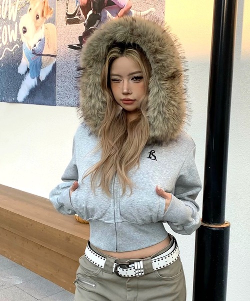 inst.ALL パーカー 裏起毛刺しゅうロゴファー付きジップアップパーカー