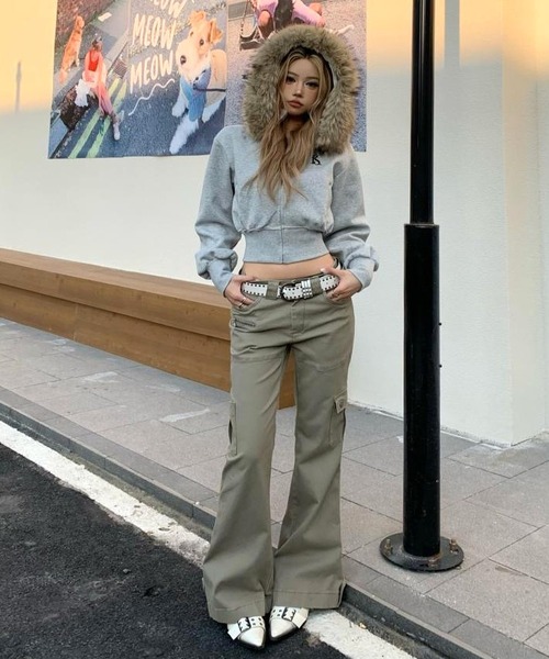 inst.ALL パーカー 裏起毛刺しゅうロゴファー付きジップアップパーカー
