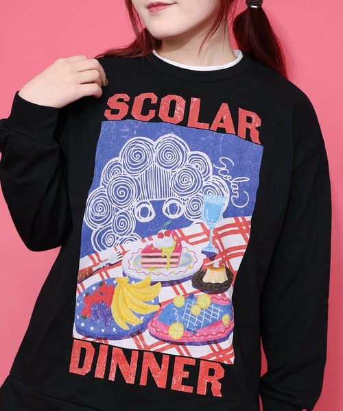 Scolar スカラーちゃんの夕食柄レイヤード風配色プルオーバー ScoLar（スカラー） トレーナー スウェット スカラーちゃんの夕食柄