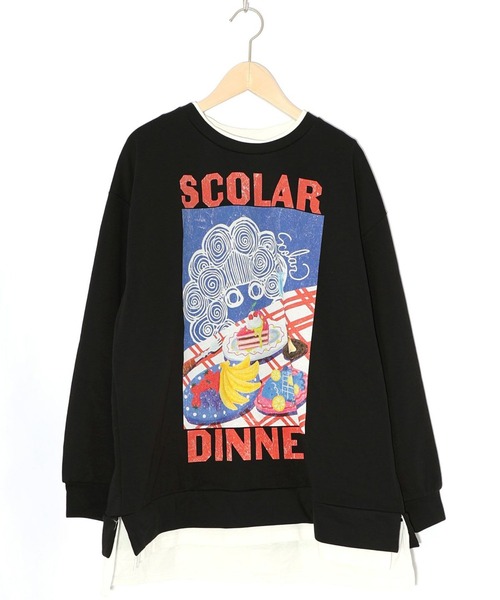 Scolar スカラーちゃんの夕食柄レイヤード風配色プルオーバー ScoLar（スカラー） トレーナー スウェット スカラーちゃんの夕食柄