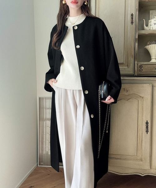 「Meiru」 ノーカラーコート LARGE ブラウン レディース_画像5