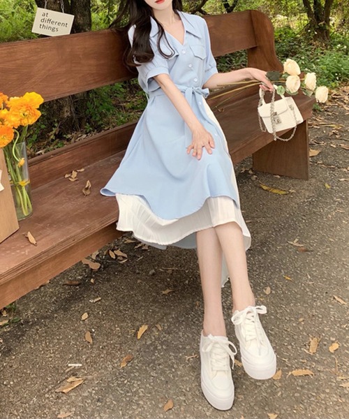 ＆soiree（アンドソワレ） ワンピース 半袖 ウエストリボン異素材