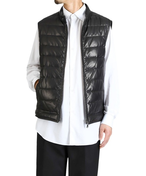 ベスト ジレ EMMETI / エンメティ：別注 JURI DOWN VEST SP LEATHER：ONLYARK-1-2511「MUS」 メンズの画像