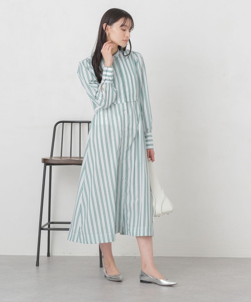 新品　ナノユニバース　麻　ストライプ ノースリーブ シャツワンピース セール】シアーストライプシャツワンピース（シャツワンピース