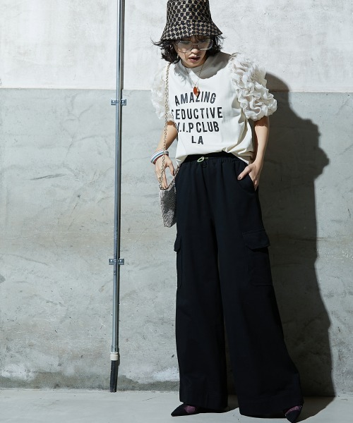 大きいサイズ レディース トップス  フリル袖パフスリーブカットソートップス GEVS. GEVS. tシャツ フリル袖パフスリーブカットソートップス