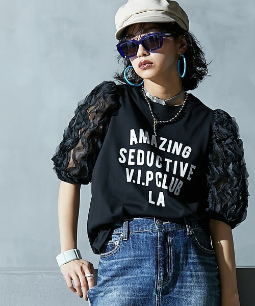 大きいサイズ レディース トップス  フリル袖パフスリーブカットソートップス GEVS. GEVS. tシャツ フリル袖パフスリーブカットソートップス