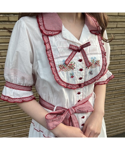PINK HOUSE ワンピース クロスステッチ刺繍使いワンピース