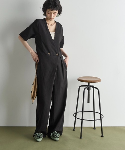 シャンドゥラローズフロントアシンメトリーデニムオールインワン セール】アシンメトリーショルダーデニムサロペット（サロペット