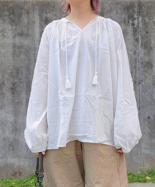 LOSUCA ブラウス シャツ キャンブリックボイル 袖刺繍プルオーバー