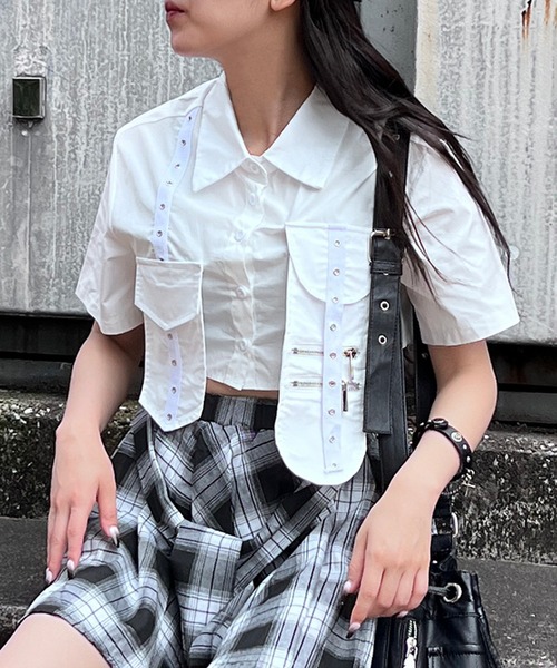 ブラウス シャツ クロップドパンクショートスリーブシャツ レディース
