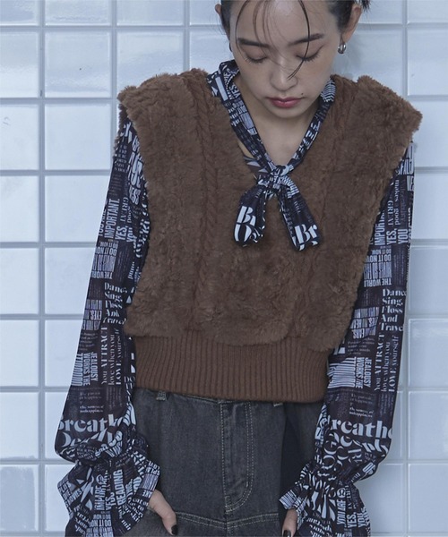 miette（ミエット） ベスト ジレ Vネックファーケーブルニットベスト