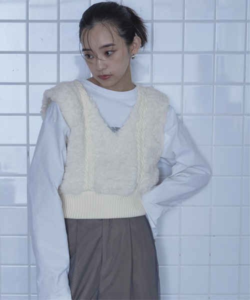 miette（ミエット） ベスト ジレ Vネックファーケーブルニットベスト