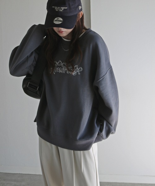 トレーナー スウェット リボンアート/ハートアート文字刺繍ルーズ