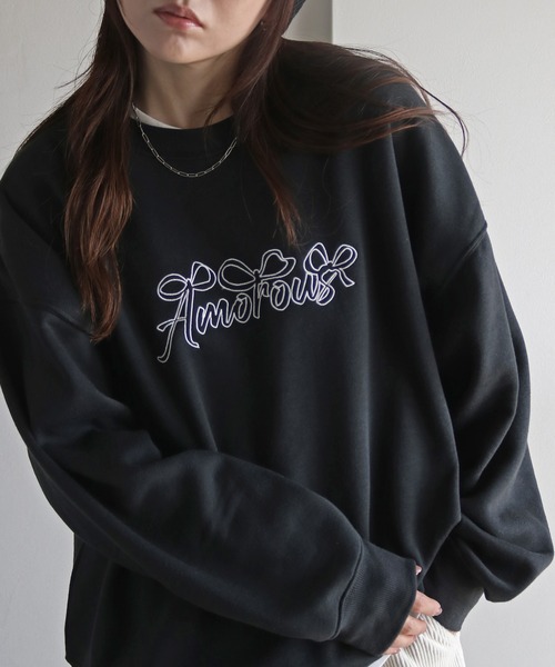 トレーナー スウェット リボンアート/ハートアート文字刺繍ルーズ