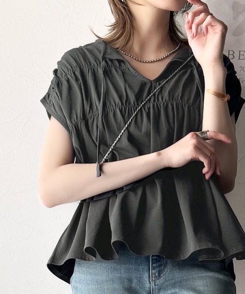 tシャツ 着るだけでオシャレ度ワンランクアップ。綿100％シルケット加工シャーリングトップス レディース | classicalelf | 02